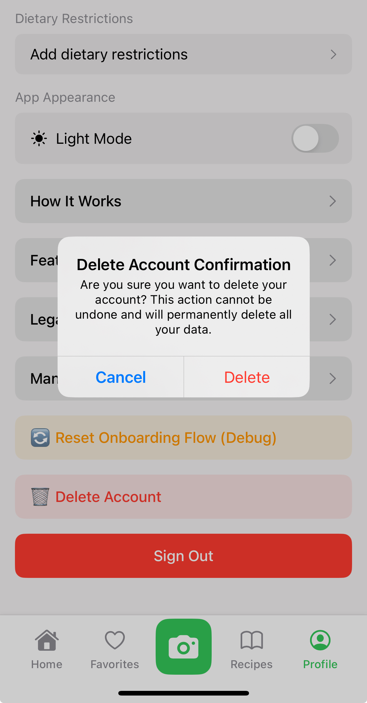 Delete Account Location in Profile Navigation